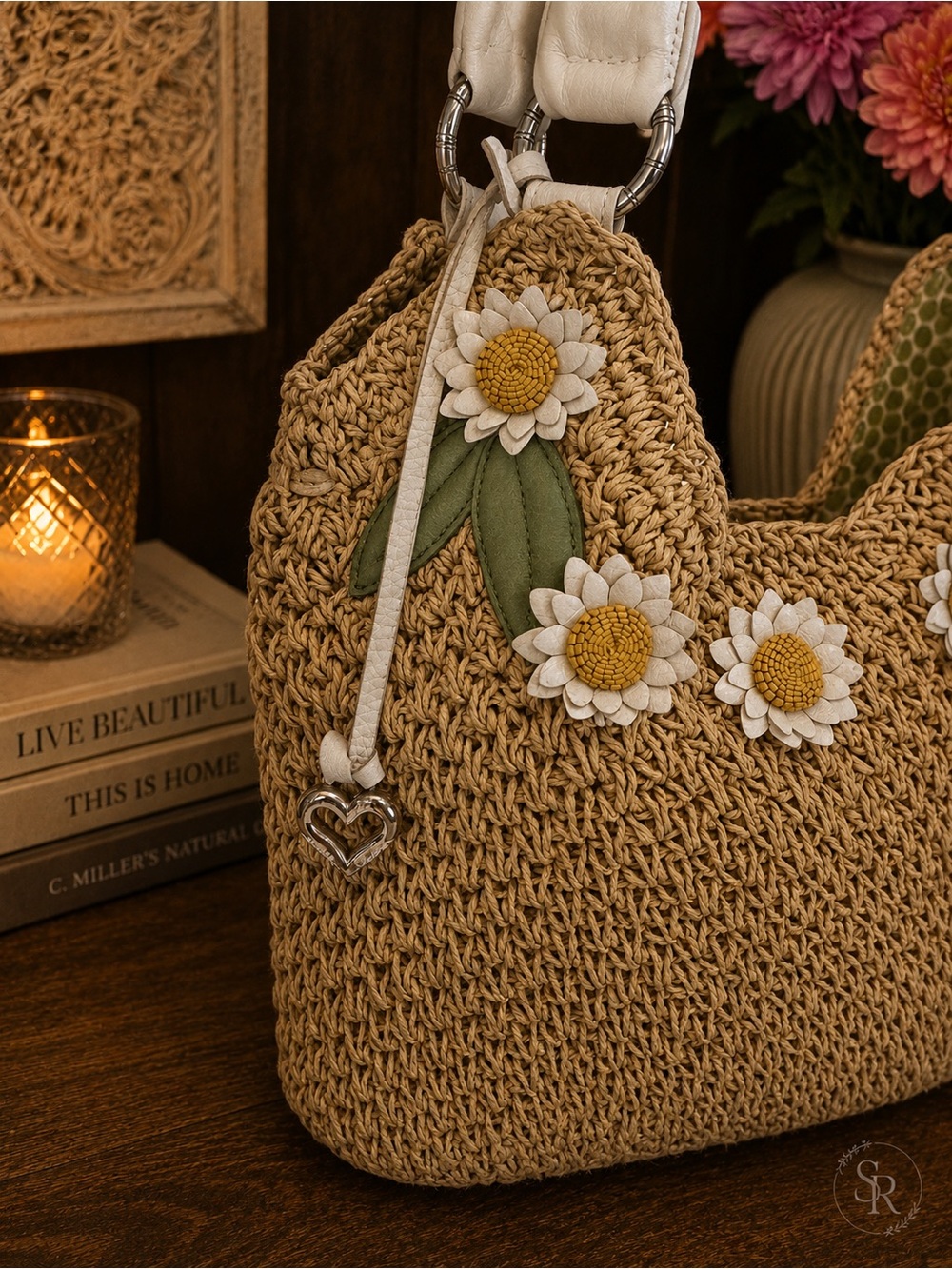Brighton Madagascar Daisy Raffia Straw Shoulder Bag Purse Floral Details - Picture 5 of 13